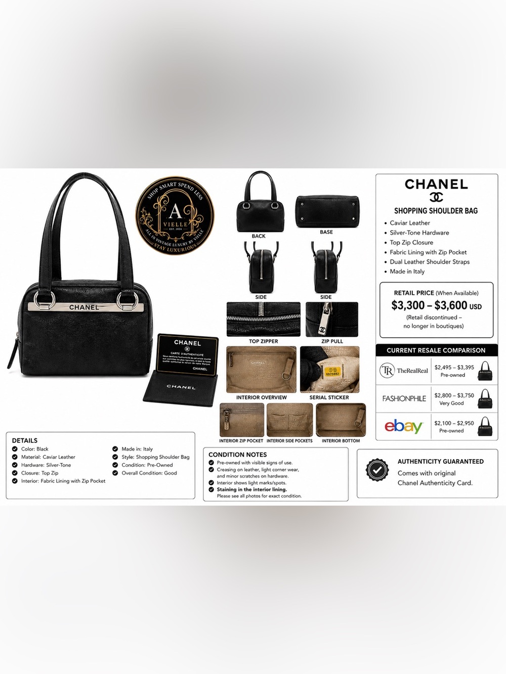 Vintage Chanel Black Caviar Leather Shoulder Tote Silver Logo Bar 9 Series